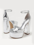 Metallic Silver Platform Square Peep Toe Block Heeled Sandals With Buckle Ankle Strap