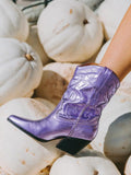 Metallic Purple Applique Pointy Slip-On Chunky Heeled Western Ankle Boots