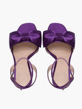 Purple Double Bows Silk Platform Flared Heeled Sandals With Round Toe Ankle Strap