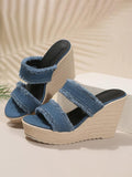 Denim Frayed Two Bands Open-toe Slip-on Espadrille Wedge Sandals