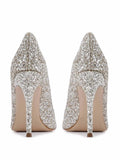 Silver Glitter Pointed Toe Stiletto Heel Pumps For Wide Feet