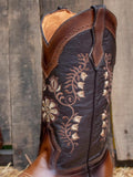 Women Mid Calf Cowboy Boots Square Toe Chunky Heel Embroidered Floral Rustic Two-Tone Western Boots
