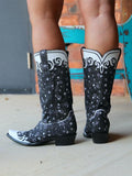 Star Snip Wide Calf Cowgirl Tall Boots With Contrast Black Bling Glitter White Applique