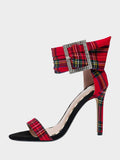 Wide Ankle Strap Rhinestone Buckle Zip Stiletto Sandals In Red Plaid Black Houndstooth