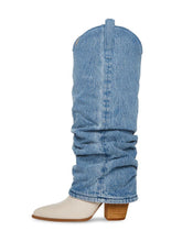 Denim Sleeve Slouch Stitch Fold-Over Pull Tab Pointed Toe Slanted Block High Heel Western Chelsea Mid Calf Boots Pumps