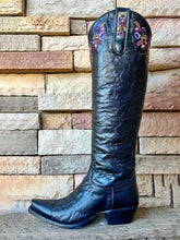 Black Vegan Leather Multi Floral Embroidered Snip-toe Chunky Heel Slip-on Knee High Cowgirl Boots