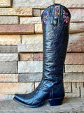 Black Vegan Leather Multi Floral Embroidered Snip-toe Chunky Heel Slip-on Knee High Cowgirl Boots