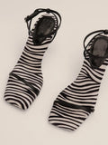 Zebra Stripes Ankle-Strap Buckle Square-Toe Flared-Heeled Sandals