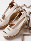 White Cloth Open-toe Ankle Wrap Espadrille Wedge Sandals With Self-tie