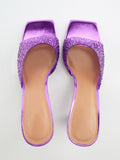 Purple Metallic Clear Rhinestone One Band Backless Sandals With Square Toe High Heel