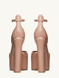 Nude Patent Platform Block Heeled Sandals With Ankle Strap Round Toe