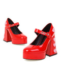 Heart Pink Shiny Patent Leather Buckle Flared Chunky Heel Round Toe Platform Mary Jane Pumps