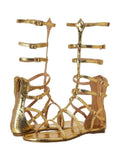 Metallic Gold Snakeskin Mid Calf Flat Gladiator Sandals With Round Toe Buckle Straps Zip