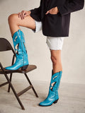 Butterfly Inlay Stitch Pointy Wide Mid Calf Cowgirl Boots - Blue & Tan