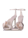 Pink Rhinestone Floral Applique Round Stiletto Heeled Dress Sandals With Buckle Ankle Strap