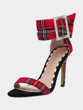 Wide Ankle Strap Rhinestone Buckle Zip Stiletto Sandals In Red Plaid Black Houndstooth
