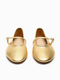Metallic Gold Buckled Strap Round Ballet Flats Mary Jane