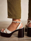 Cross Strap Square Toe Platform Block Heeled Sandals With Buckled Ankle Strap