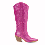 Sparkly Rhinestone Round Toe Zipper Slanted Heel Western Mid Calf Boots In Pink Gold Black