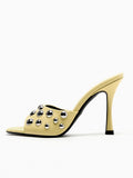 Yellow Stud Single Wide Strap Round Toe Flared Heeled Sandals Backless Slip-On Heels