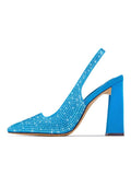 Rhinestone Satin Pointy Chunky Heeled Slingback Pumps