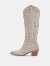 Embroidered Mid Calf Boots Pointed Toe Zipper Chunky Heeled Western Boots