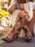 Vintage Floral Embroidery Snip-toe Slip-on Mid-Calf Western Cowboy Boots