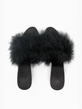 Black Faux Fur Fluffy Feather Backless Slide Round Toe High Heeled Sandals