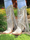 Studs Embroidered Snip-toe Slip-on Mid-Calf Western Cowboy Boots With Fringe