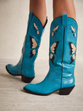 Butterfly Inlay Stitch Pointy Wide Mid Calf Cowgirl Boots - Blue & Tan