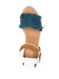 Blue Cloth Single Band Open-toe Espadrille Wedge Sandals With Buckle Ankle Wrap