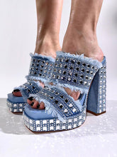 Blue Fray Denim Rhinestone Two Strap Square Backless Slip-On Sandals With Platform Chunky Heel