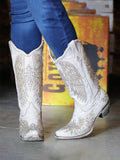 Studs Glitter Applique Snip-toe Slip-on Mid-Calf Western Cowboy Boots