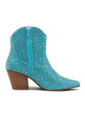 Turquoise Sparkly Rhinestone Round Toe Zipper Slanted Heel Western Ankle Boots