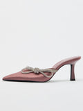 Grey Pink Satin Rhinestone Bow Pointy Backless Pumps High Heeled Slip-On Mules