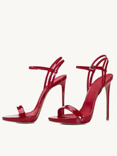 Red Patent Stiletto Heeled Sandals With Round Toe Ankle Strap