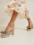 Pink Fine Glitter Pleated Bow Platform Heels Block Heel Sandals For Wide Feet