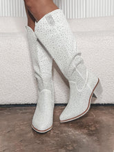 White Rhinestones Faux Suede Pointed-toe Chunky Heel Zip Cowgirl Boots