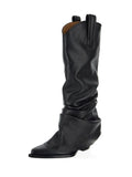 Black Slouch Embroidered Covered Chunky Heel Pointed Toe Cowgirl Wide Mid Calf Boots