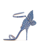 Denim Rhinestone Butterfly Strappy Round Stiletto Heel Sandals With Double Ankle Strap
