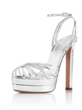 Metallic Silver Snakeskin Cut-Out Strappy Double Platform Pumps With Buckle Ankle Strap