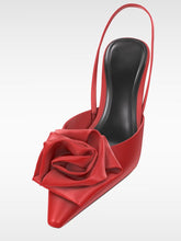 Red Satin Rose Slingback Pumps With Kitten Heel Square Toe