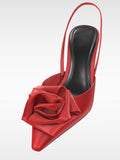 Red Satin Rose Slingback Pumps With Kitten Heel Square Toe