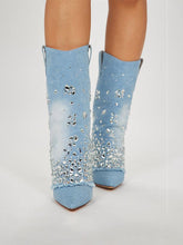 Water Drop Rhinestones Pointed-toe High Heels Fold Over Mid-Calf Denim Boots