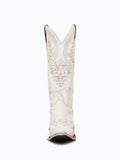 White Wedding Wide Mid Calf Cowgirl Vintage Boots For Bride With Rhinestone Floral Leaf Embroidery