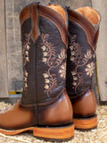 Women Mid Calf Cowboy Boots Square Toe Chunky Heel Embroidered Floral Rustic Two-Tone Western Boots
