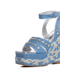 Rhinestone Applique Ankle Strap Open-toe Denim Double Platform Wedges With Studs