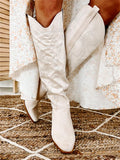 White Rhinestone Faux Suede Pointy Wide Mid-Calf Cowgirl Boots