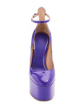Purple Patent Platform Block Heeled Pumps With Round Toe Ankle Strap