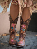 Vintage Floral Embroidery Snip-toe Slip-on Mid-Calf Western Cowboy Boots